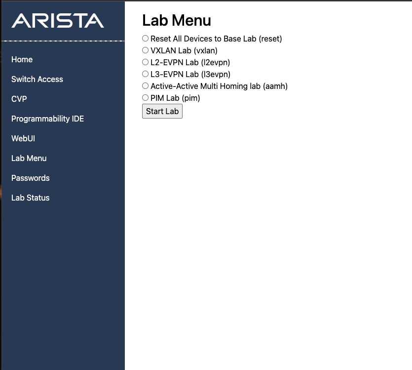 Arista Training Lab Menu 